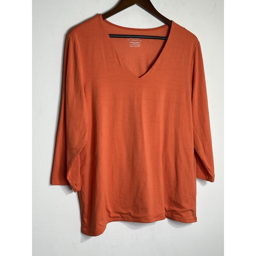 Chicos Size 3 Cosmos Orange Ultimate Tee 3/4 Sleeve Scoop Neck blouse Womens (13